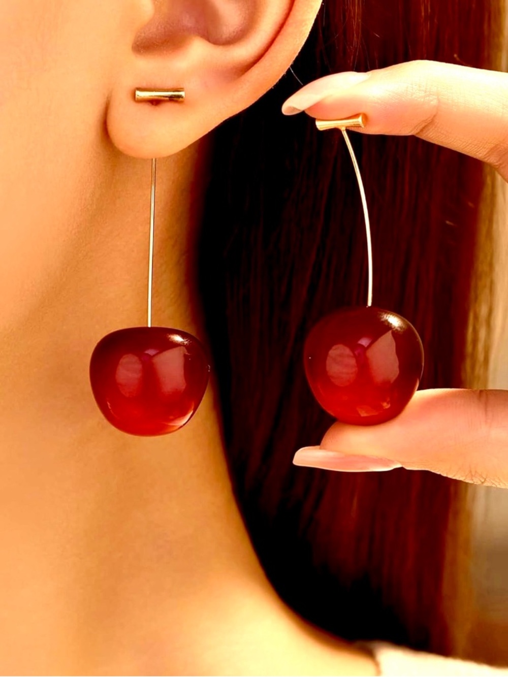 Cherry Drop Earrings Gold Tone Resin Statement Minimalist Chic Coquette Cute NWT - Picture 3 of 6